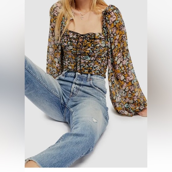 Free People Mabel floral printed ruffle blouse balloon sleeves size small - Picture 1 of 16
